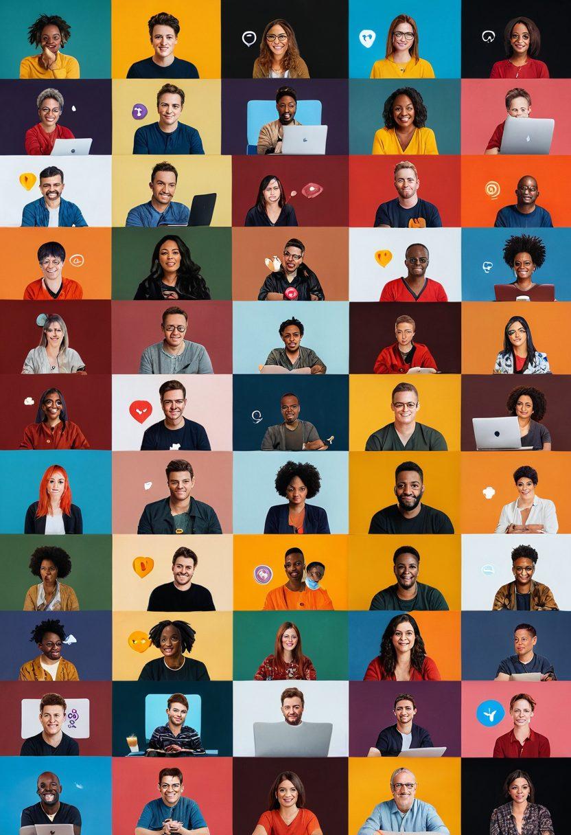 A vibrant and dynamic collage of various adult live streaming scenarios featuring diverse cam performers interacting with their audiences through chat and emojis. Include elements representing technology, like laptops and smartphones, and abstract icons of trends in the cam community. The background should convey a sense of intimacy and engagement, enriched with warm, inviting colors. super-realistic. vibrant colors.