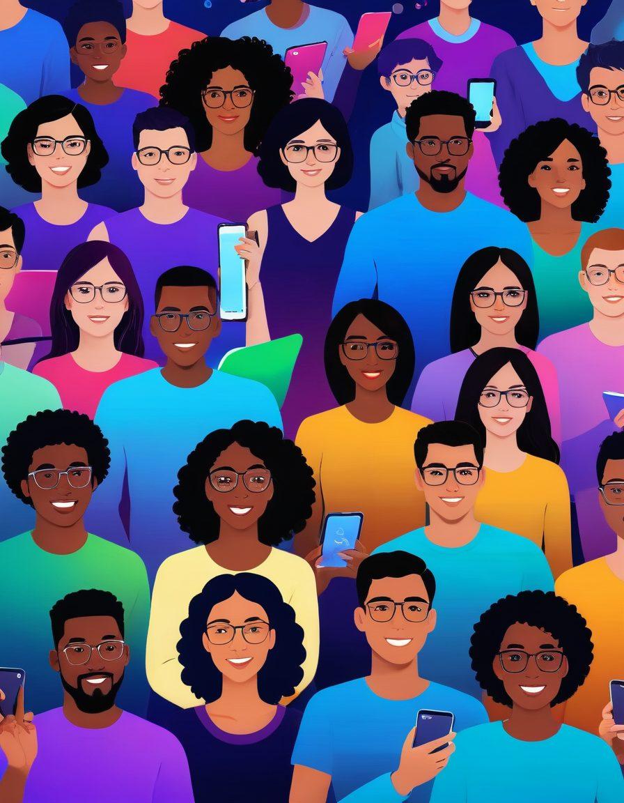 A dynamic scene featuring diverse groups of people engaging with interactive streaming on various devices, like tablets and smartphones. Highlight glowing screens displaying vibrant, captivating content. Incorporate elements of chat bubbles and live reactions to showcase audience interaction. The background should be filled with abstract waves of digital data, illustrating the flow of information. Use a colorful, futuristic style to capture the essence of modern streaming. super-realistic. vibrant colors.